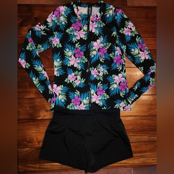 SWIMSUITS FOR ALL Zip-Up Rashguard & Swim Shorts 50 UPF UV Protection EUC Floral